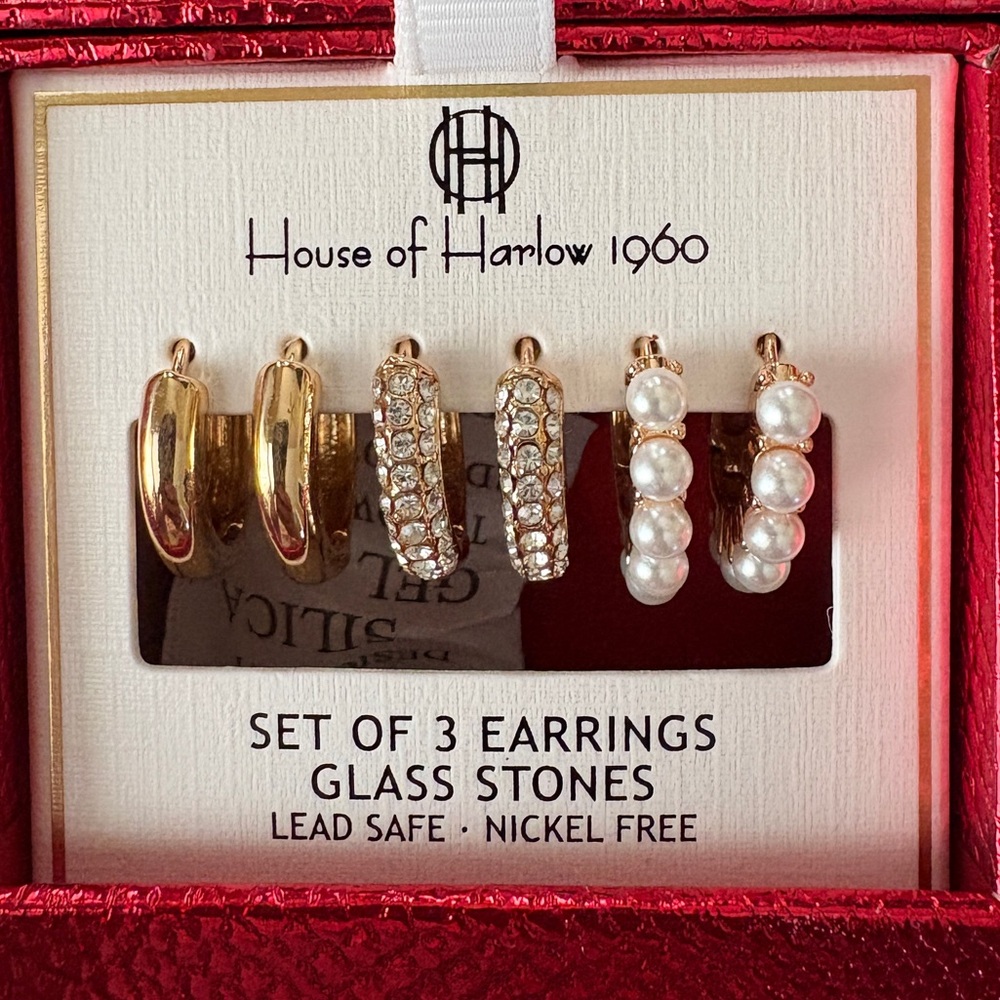 House of Harlow 1960 Set of 3 Earrings - Gold Tone, Glass Stone & Faux Pearl NWT